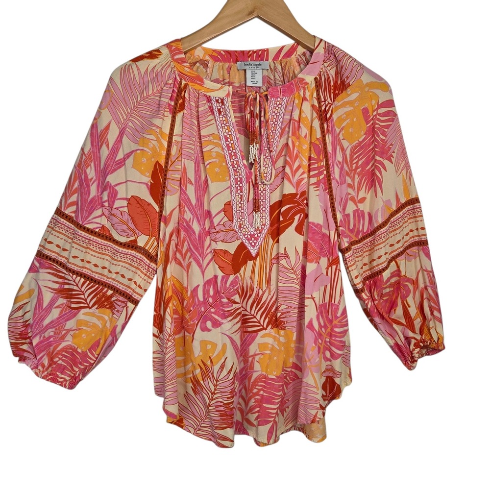Haute Hippie Pink Orange Tropical Boho Floral Blouse Small Beaded Tassel Resort